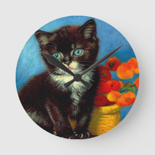 Van Gogh Tuxedo Cat  Round Clock