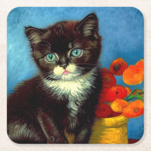 Van Gogh Tuxedo Cat  Square Paper Coaster