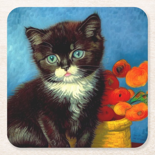 Van Gogh Tuxedo Cat  Square Paper Coaster (Front)