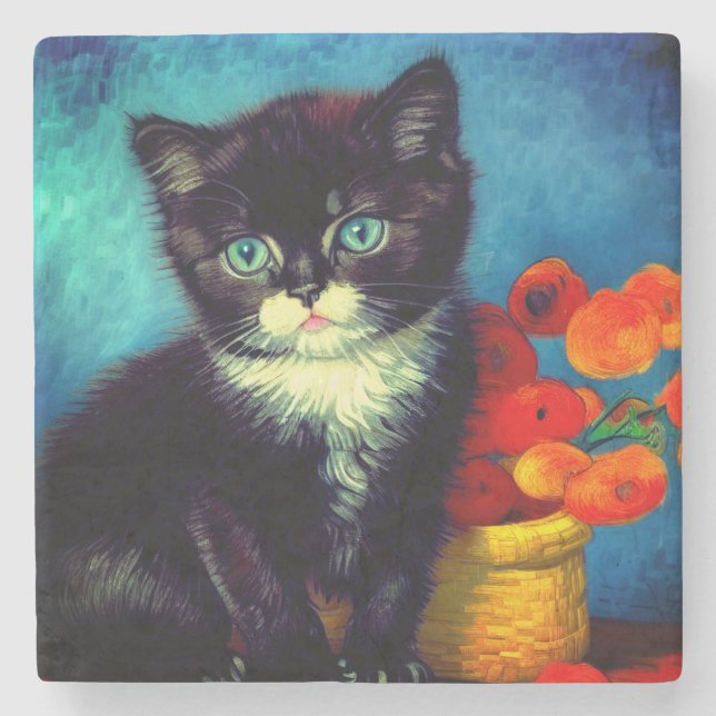 Van Gogh Tuxedo Cat  Stone Coaster (Front)