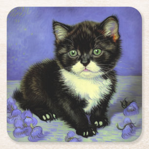Van Gogh Tuxedo Kitten Square Paper Coaster