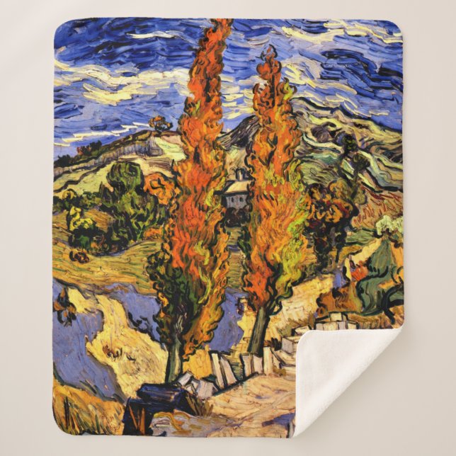 Van Gogh - Two Poplars on a Hill Sherpa Blanket (Front)