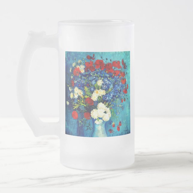 Van Gogh Vase with Cornflowers and Poppies Frosted Glass Beer Mug (Left)