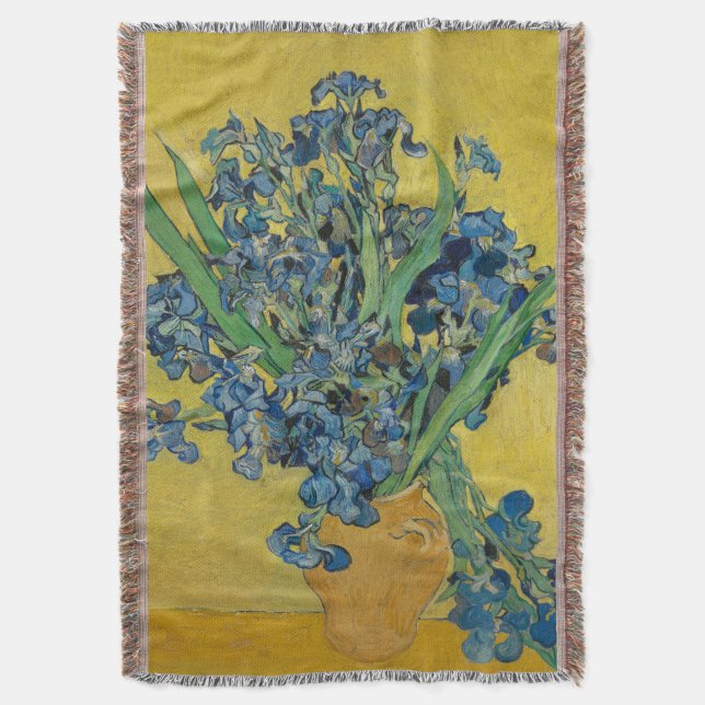 Van Gogh Vase with Irises Classic Impressionism Throw Blanket (Front Vertical)