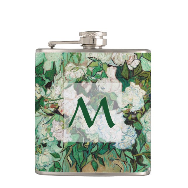 Van Gogh Vase with Pink Roses Floral Art Monogram Hip Flask (Front)