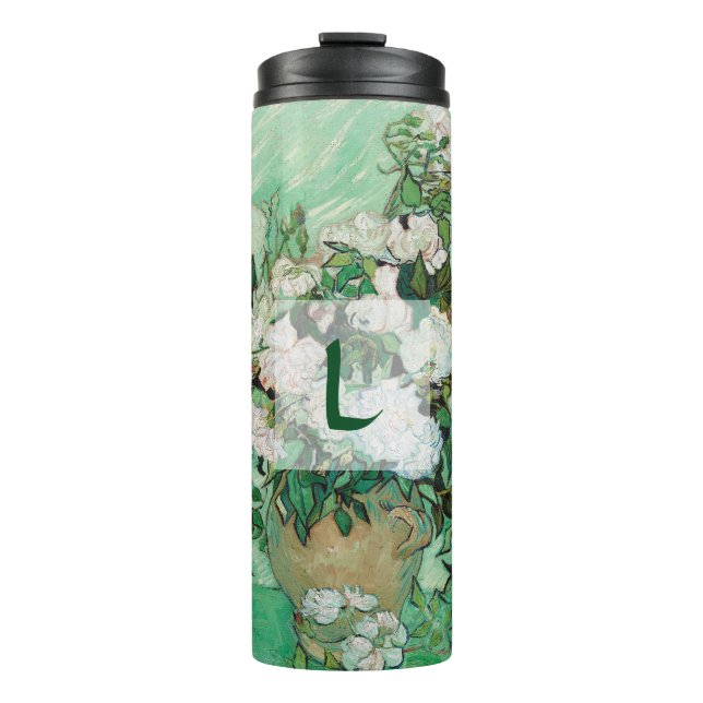 Van Gogh Vase with Pink Roses Floral Art Monogram Thermal Tumbler (Front)