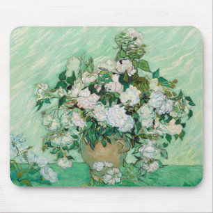Van Gogh Vase with Pink Roses Floral Painting Mouse Mat
