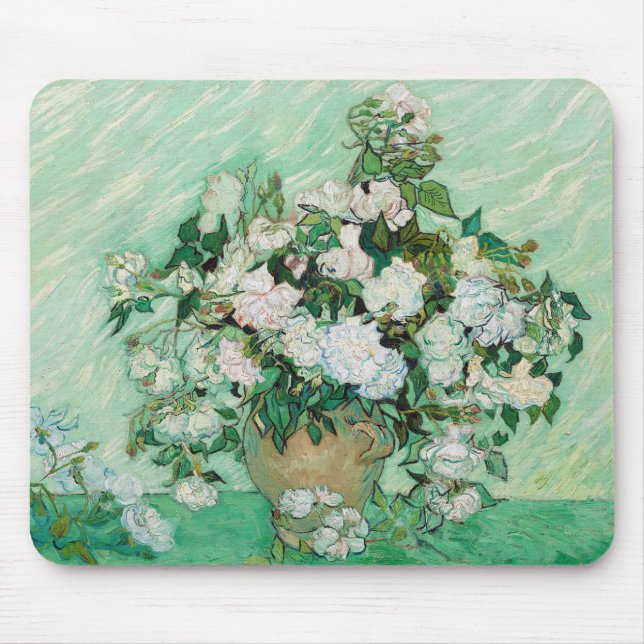 Van Gogh Vase with Pink Roses Floral Painting Mouse Mat (Front)