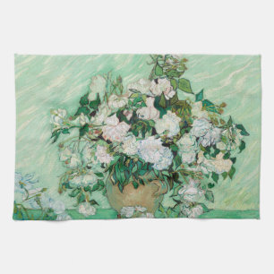 Van Gogh Vase with Pink Roses Flowers Painting Tea Towel