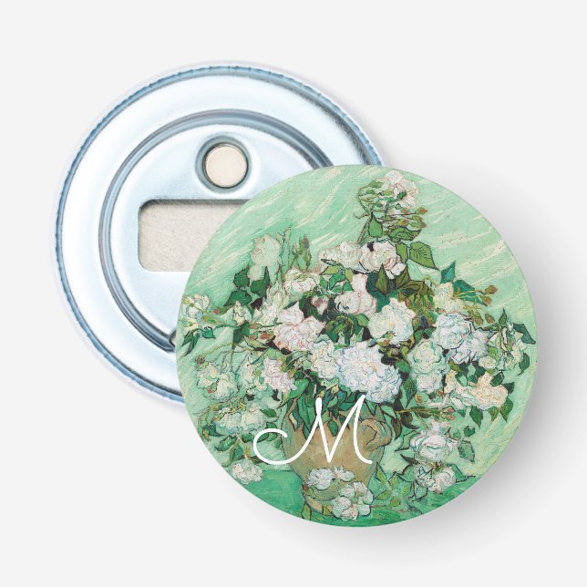 Van Gogh Vase with Pink Roses Painting Monogram Bottle Opener (Front)