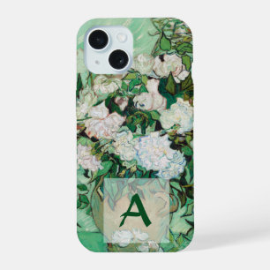 Van Gogh Vase with Pink Roses Vintage Art Monogram iPhone 15 Case
