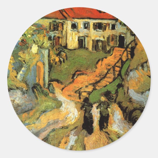 Van Gogh Village Street and Steps Auvers, Figures Classic Round Sticker (Front)