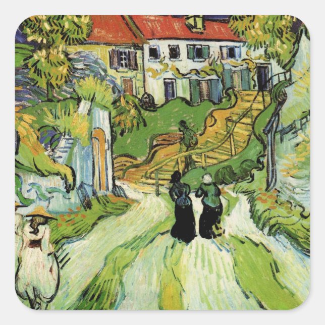 Van Gogh Village Street and Steps Auvers, Figures Square Sticker (Front)