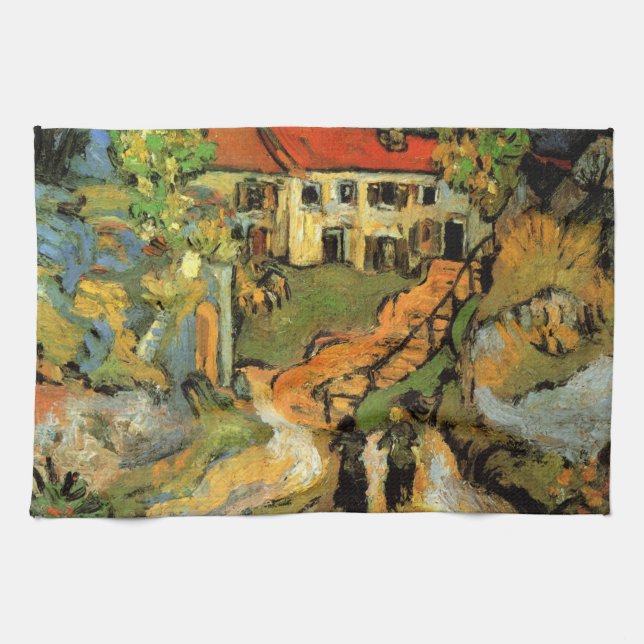 Van Gogh Village Street and Steps Auvers, Figures Tea Towel (Horizontal)
