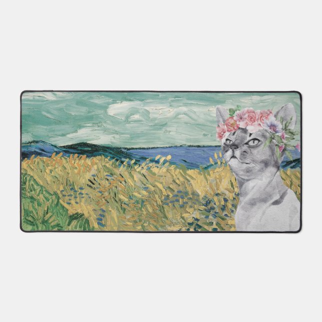 Van Gogh Wheat Field and Fancy Cat   Desk Mat (Front)
