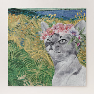 Van Gogh Wheat Field and Fancy Cat Jigsaw Puzzle