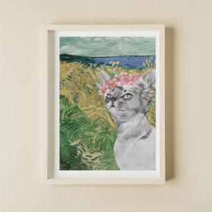 Van Gogh Wheat Field and Fancy Cat Poster