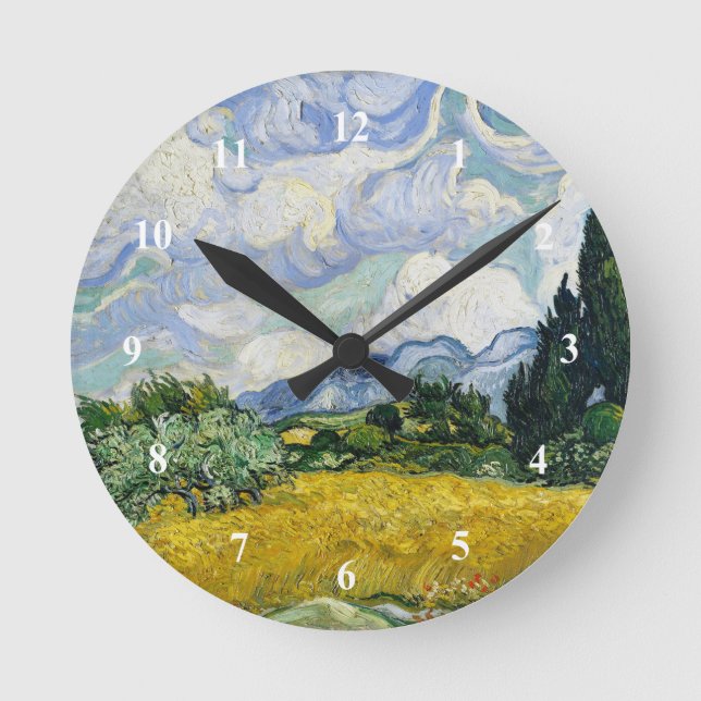 Van Gogh Wheat Field Cypresses Painting Round Clock (Front)