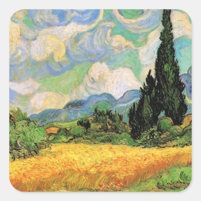 Van Gogh Wheat Field w Cypresses at Haute Galline Square Sticker (Front)
