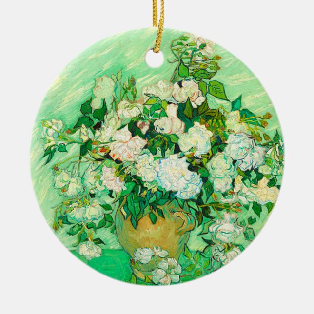 Van Gogh White Roses Ceramic Tree Decoration (Front)