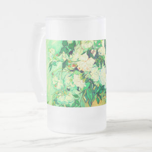 Van Gogh White Roses Frosted Glass Beer Mug