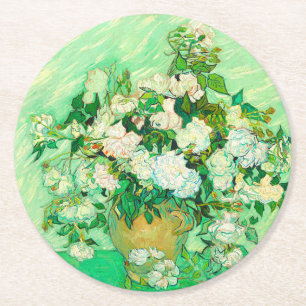 Van Gogh White Roses Round Paper Coaster