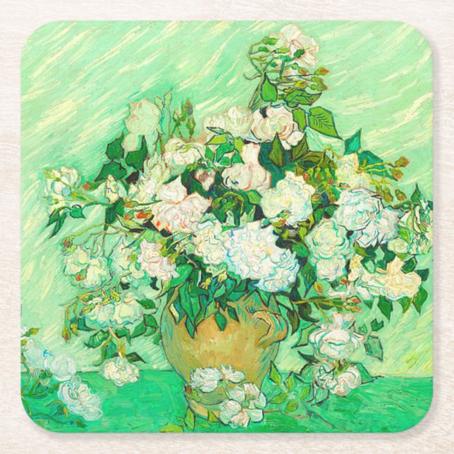 Van Gogh White Roses Square Paper Coaster (Front)