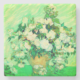 Van Gogh White Roses Stone Coaster