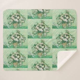 Van Gogh White Roses - Vintage Mint Floral Art Sherpa Blanket
