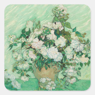 Van Gogh White Roses - Vintage Mint Floral Art Square Sticker