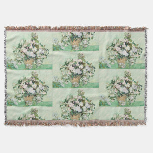 Van Gogh White Roses - Vintage Mint Floral Art Throw Blanket