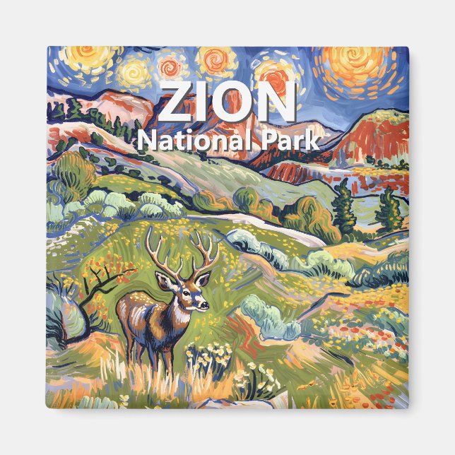 Van Gogh Zion Animal Deer Colorful Canyon Custom Magnet (Front)
