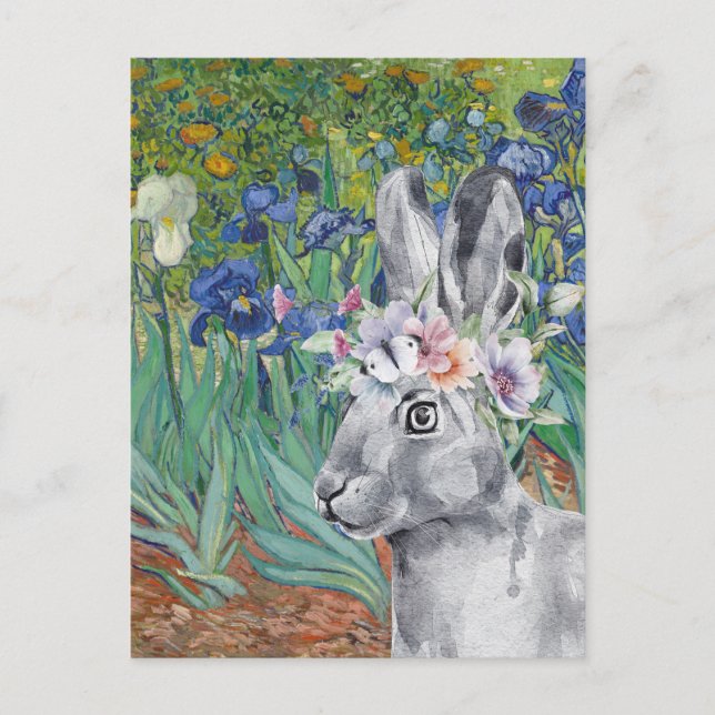 Van Gogh's Irises and Fancy Rabbit Postcard (Front)