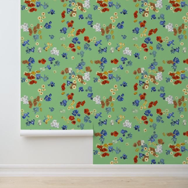 Van Gogh's Poppy and Iris Flowers Sage Green Wallpaper (Application)