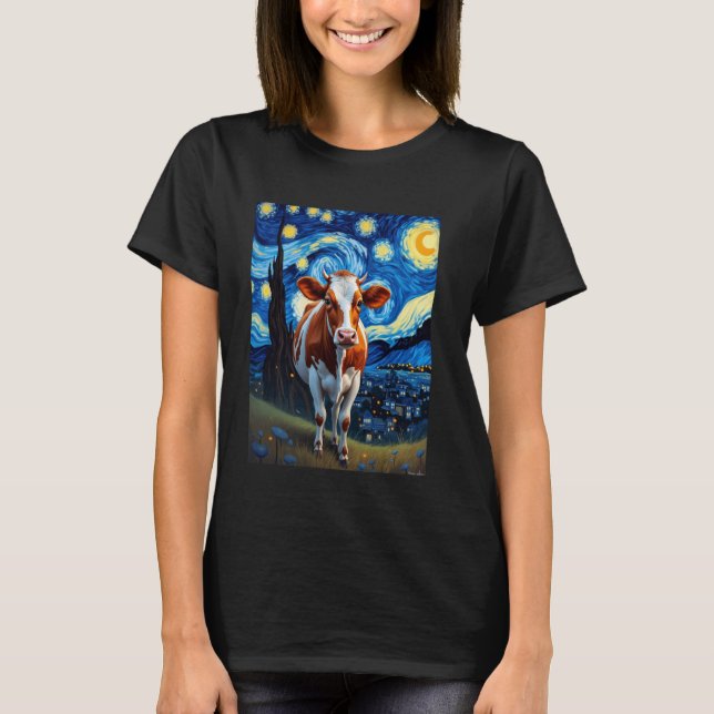 Van Gogh's Starry Night Cow Bovine Animal Lovers T-Shirt (Front)
