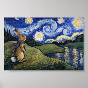 Van Gogh's Starry Night with Bunny  Poster