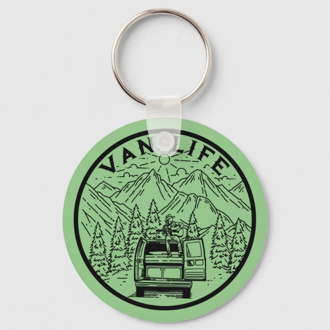 Van Life Camping In The Mountains Playing Guitar   Key Ring (Front)