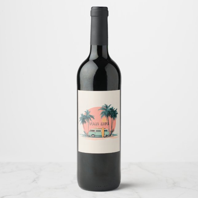 Van Life – Retro Beach Camper Art Wine Label (Front)