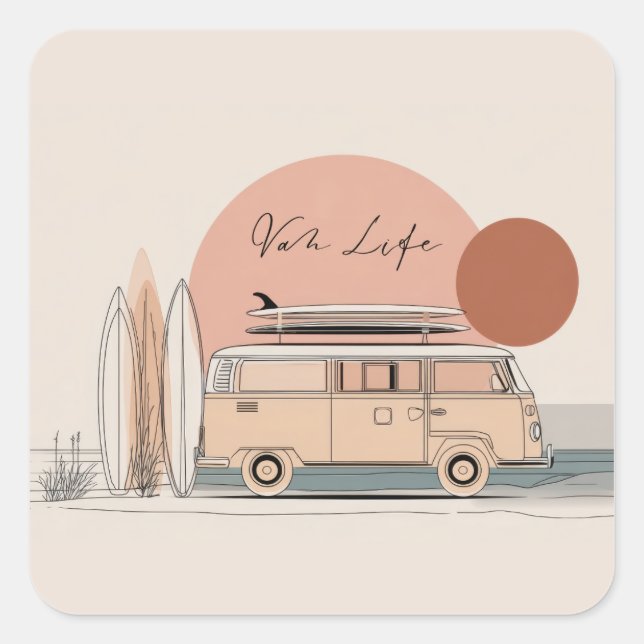 Van Life Surf Van – Retro Beach Camper Aesthetic  Square Sticker (Front)