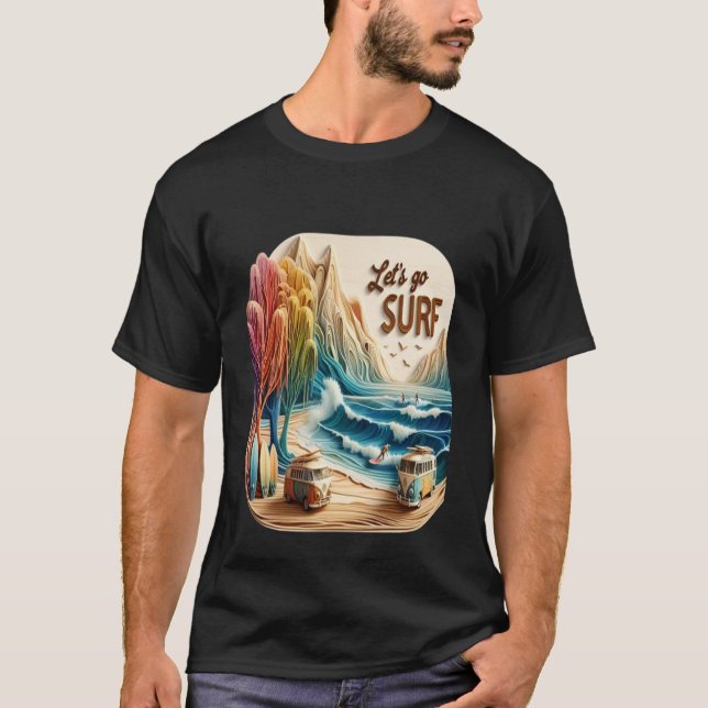 Van Parked With Surfboards on Sandy Shore T-Shirt (Front)