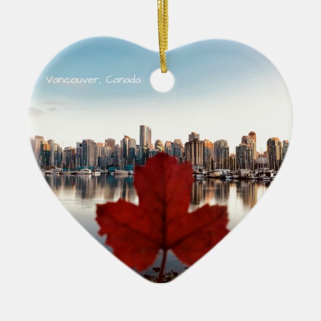 Vancouver Canada Red Maple Leaf Skyline Ceramic Tree Decoration (Front)