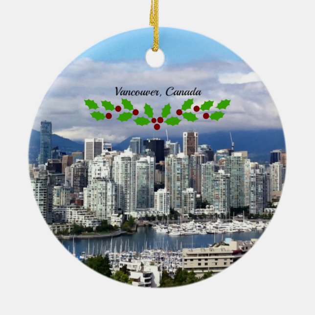 Vancouver Canada Skyline with Christmas holly Ceramic Tree Decoration (Back)