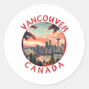 Vancouver In Canada Retro Vector Travel Art Landsc Classic Round Sticker