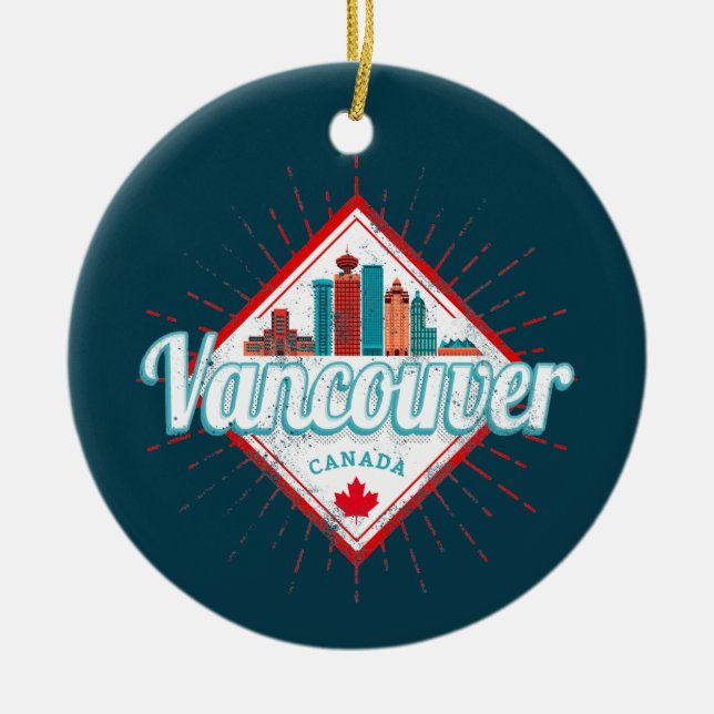 Vancouver Skyline British Columbia Retro Canada Ceramic Tree Decoration (Front)