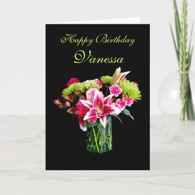 Vanessa Happy Birthday, Stargazer Lily Bouquet Card (Front)