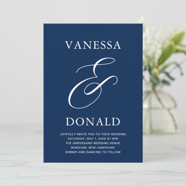 Vanessa Navy Blue Modern Wedding Invitation (Standing Front)