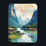 Vang Vieng Laos Travel Art Vintage Magnet<br><div class="desc">Vang Vieng retro vector travel design. Vang Vieng is a small town north of Vientiane,  on the Nam Song River in Laos. It's surrounded by striking limestone mountains and caves.</div>