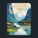 Vang Vieng Laos Travel Art Vintage Magnet<br><div class="desc">Vang Vieng retro vector travel design. Vang Vieng is a small town north of Vientiane,  on the Nam Song River in Laos. It's surrounded by striking limestone mountains and caves.</div>