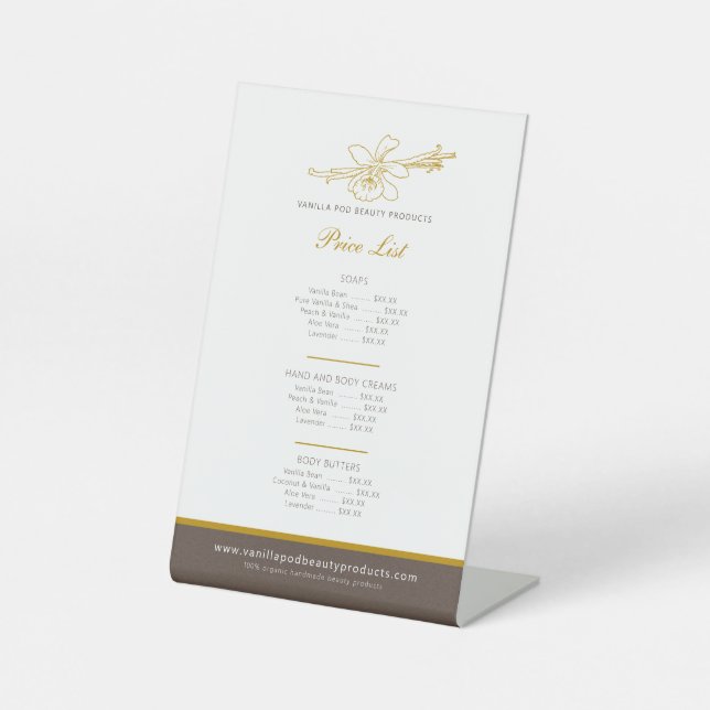 Vanilla beauty product price list brown yellow pedestal sign (Front)