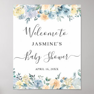Vanilla Blue Floral Baby Shower Welcome Sign